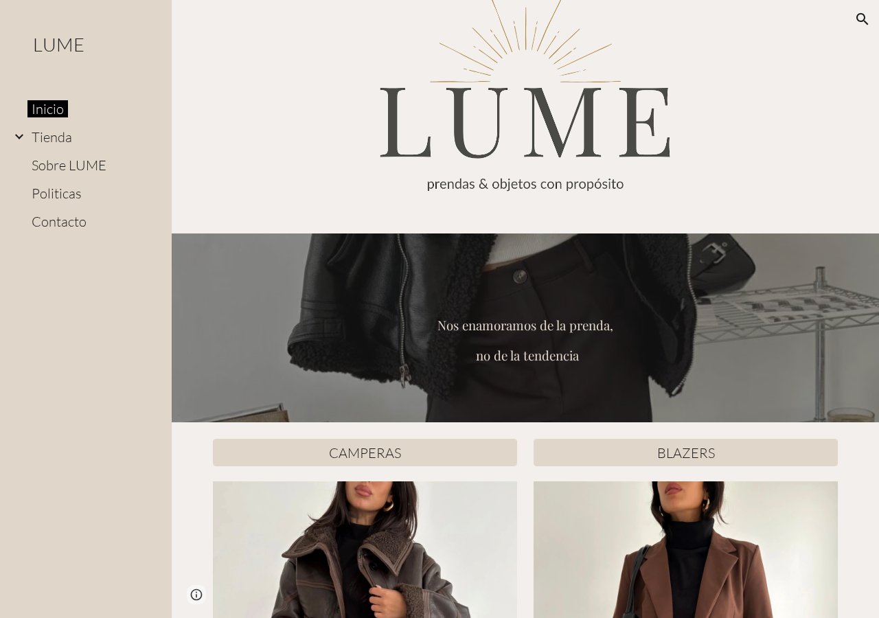 Captura real de la página de inicio del sitio LUME